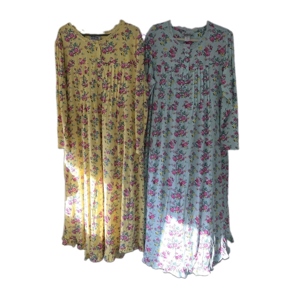 Lot of 2 Vintage Anthony Richards Floral Nightgowns XL 100% Cotton Long Sleeve